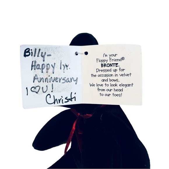 Vintage 7” Floppy Friends Bronte Bear Black Red Hearts Original Tags 1990s Love - Picture 10 of 13